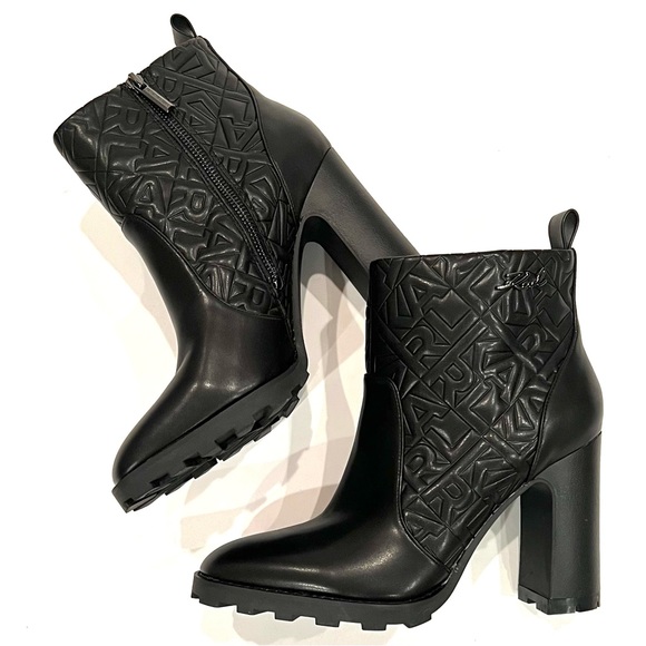 Karl Lagerfeld Black Patria Logo Embossed Lug Heel Bootie Ankle Boots 10 NEW - Picture 1 of 13